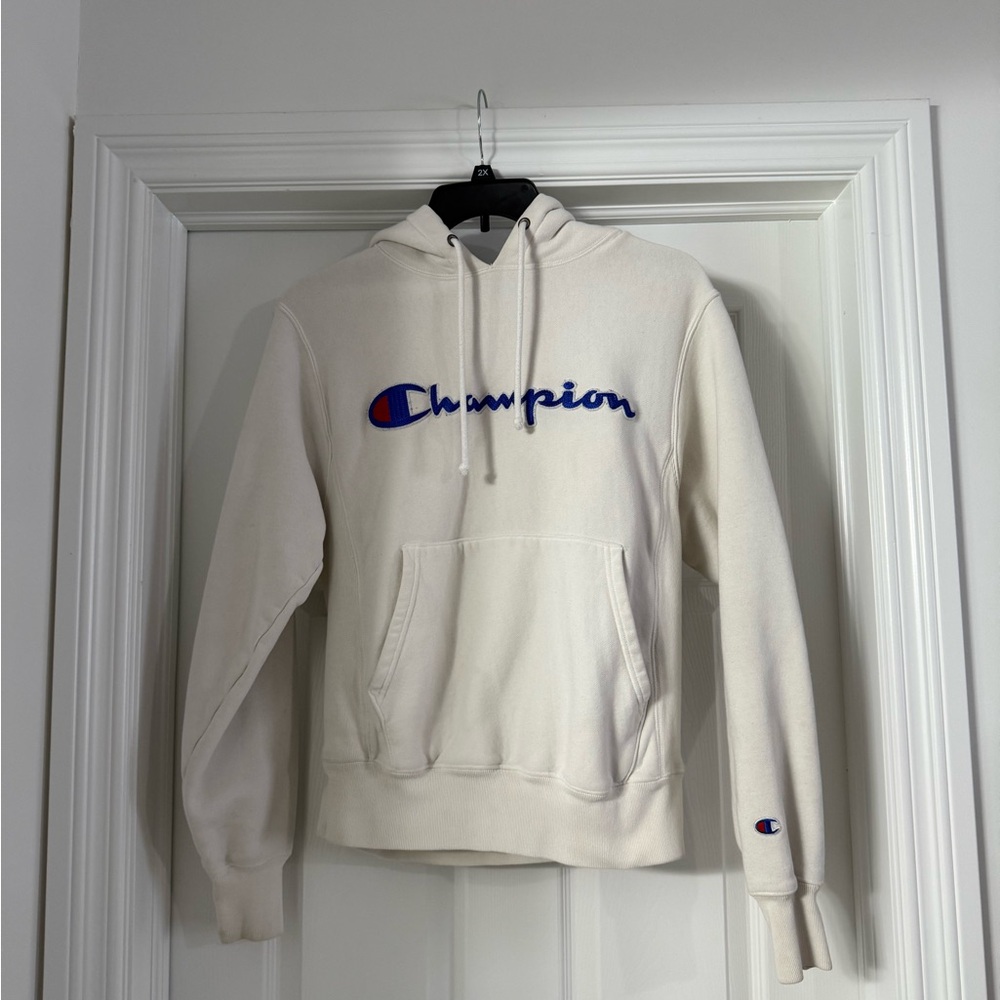 Champion Cream Hoodie with Blue Logo